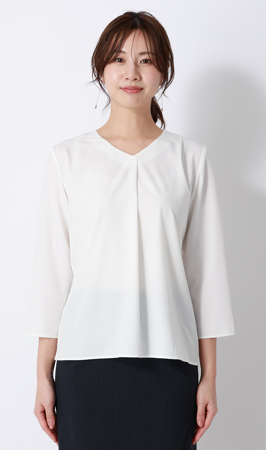 【みんなのブラウス】ゼロプレッシャーブラウス【Vネック】【七分袖】 ホワイト S