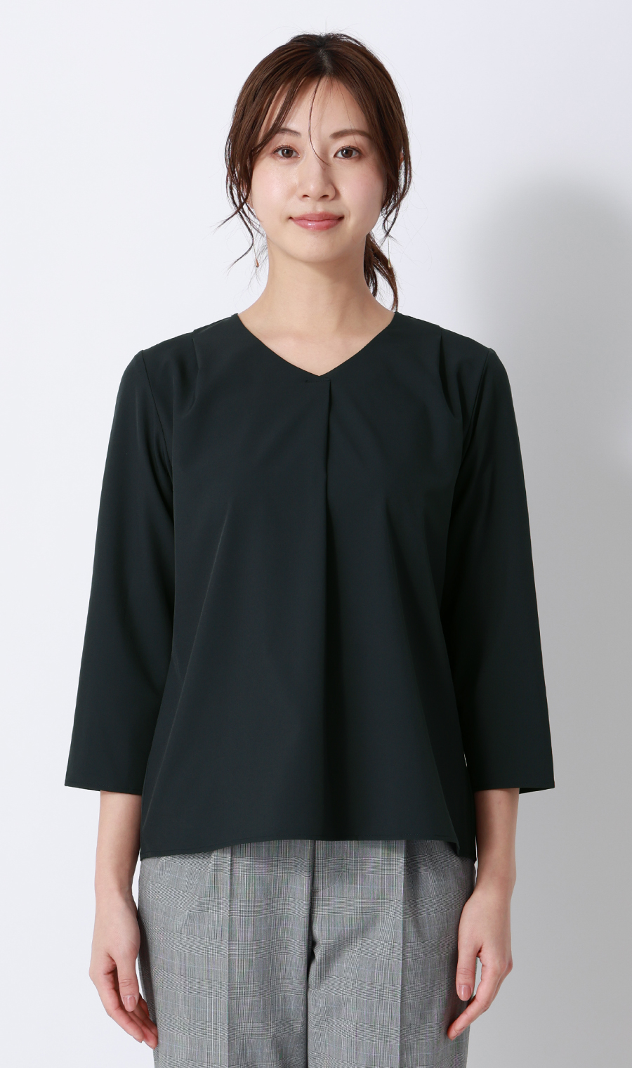 【みんなのブラウス】ゼロプレッシャーブラウス【Vネック】【七分袖】 ネイビー S