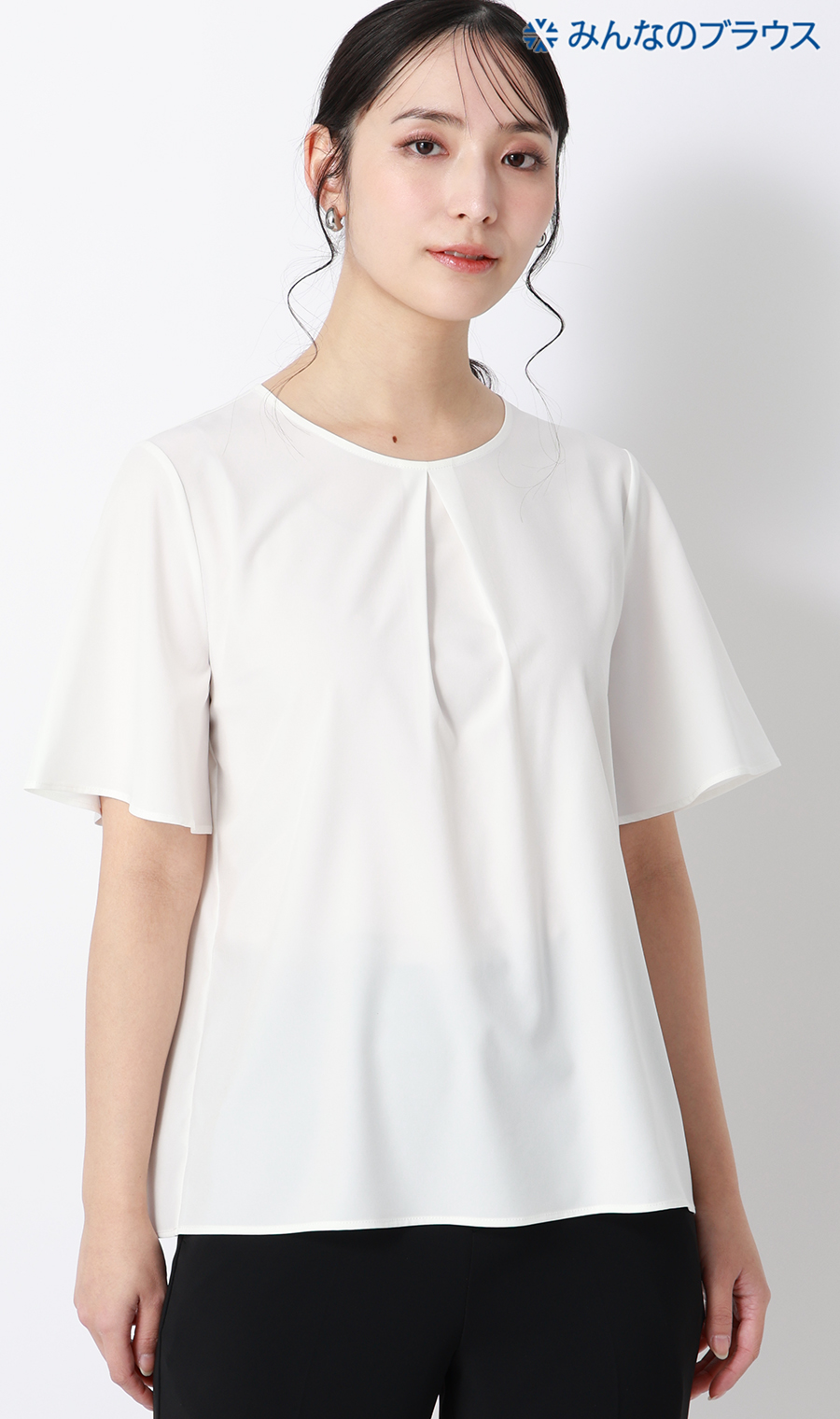 【みんなのブラウス】ゼロプレッシャーブラウス【クルーネック】【半袖】 ホワイト S