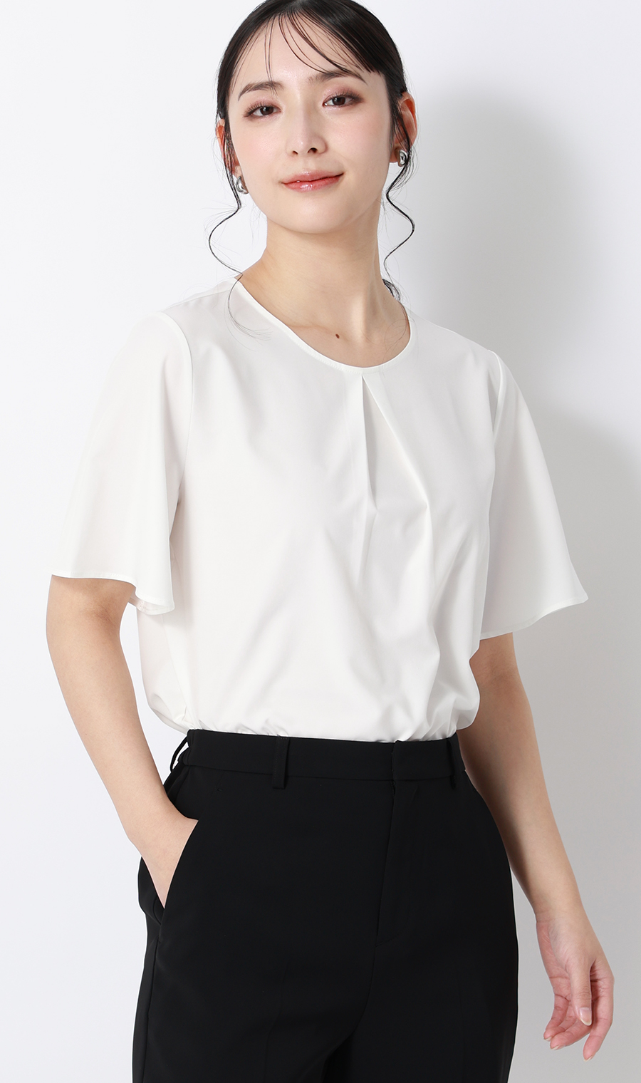 【みんなのブラウス】ゼロプレッシャーブラウス【クルーネック】【半袖】 ホワイト S