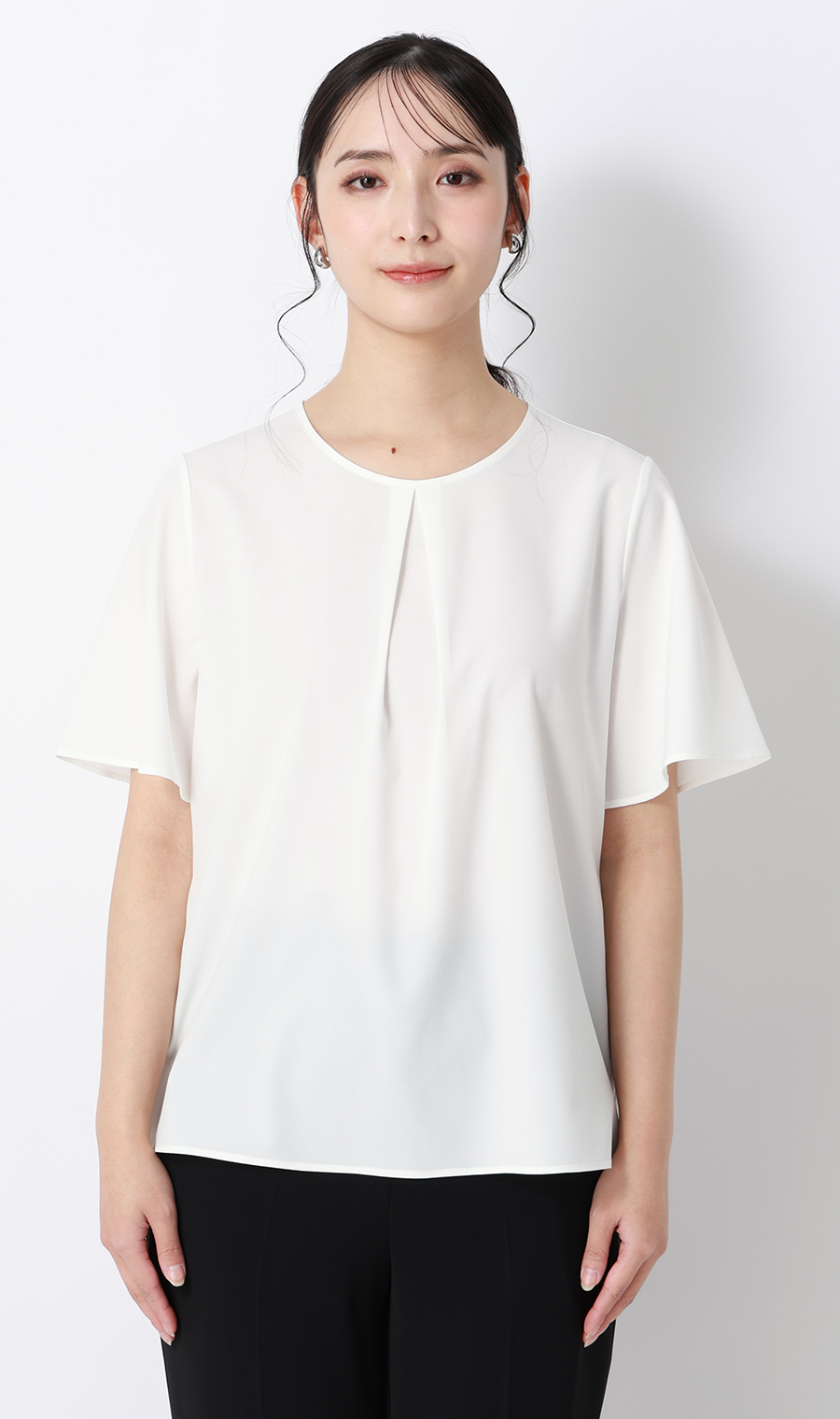 【みんなのブラウス】ゼロプレッシャーブラウス【クルーネック】【半袖】 ホワイト S