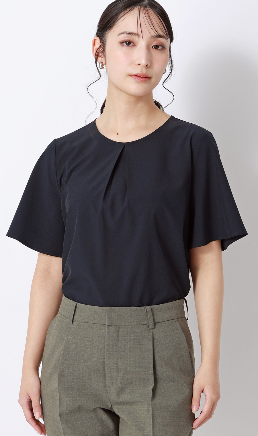 ■【みんなのブラウス】ゼロプレッシャーブラウス【クルーネック】【半袖】【WEB限定】 ネイビー S