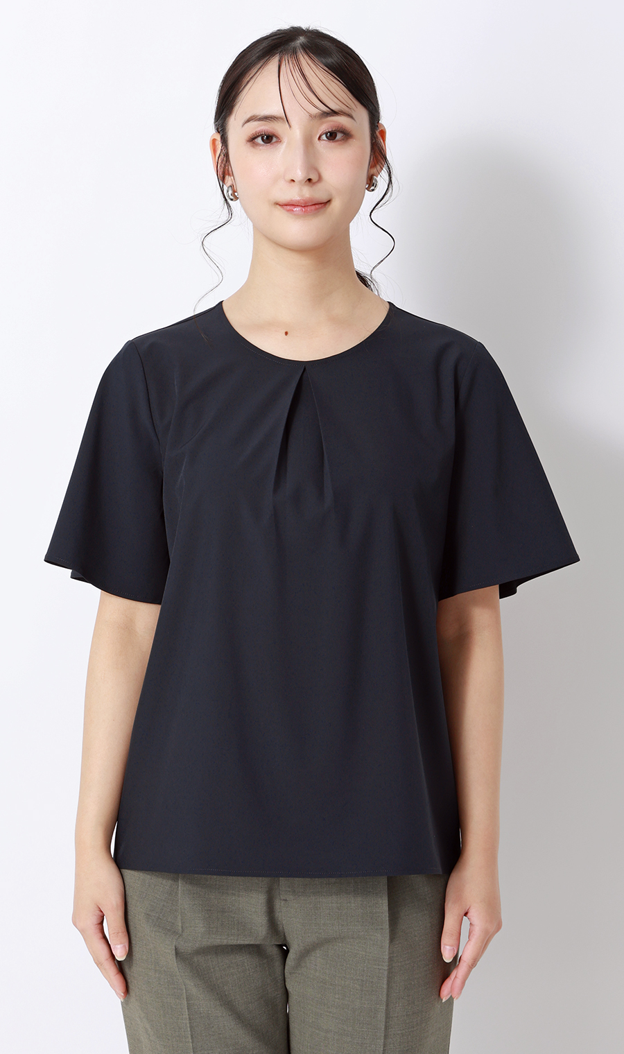 ■【みんなのブラウス】ゼロプレッシャーブラウス【クルーネック】【半袖】【WEB限定】 ネイビー S