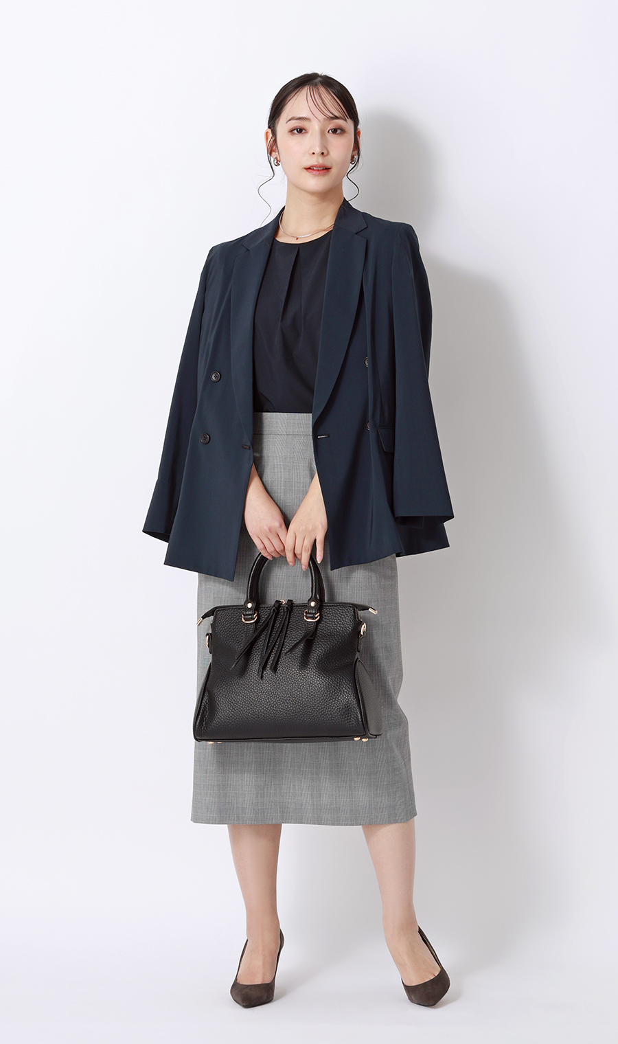 ■【みんなのブラウス】ゼロプレッシャーブラウス【クルーネック】【半袖】【WEB限定】 ネイビー S