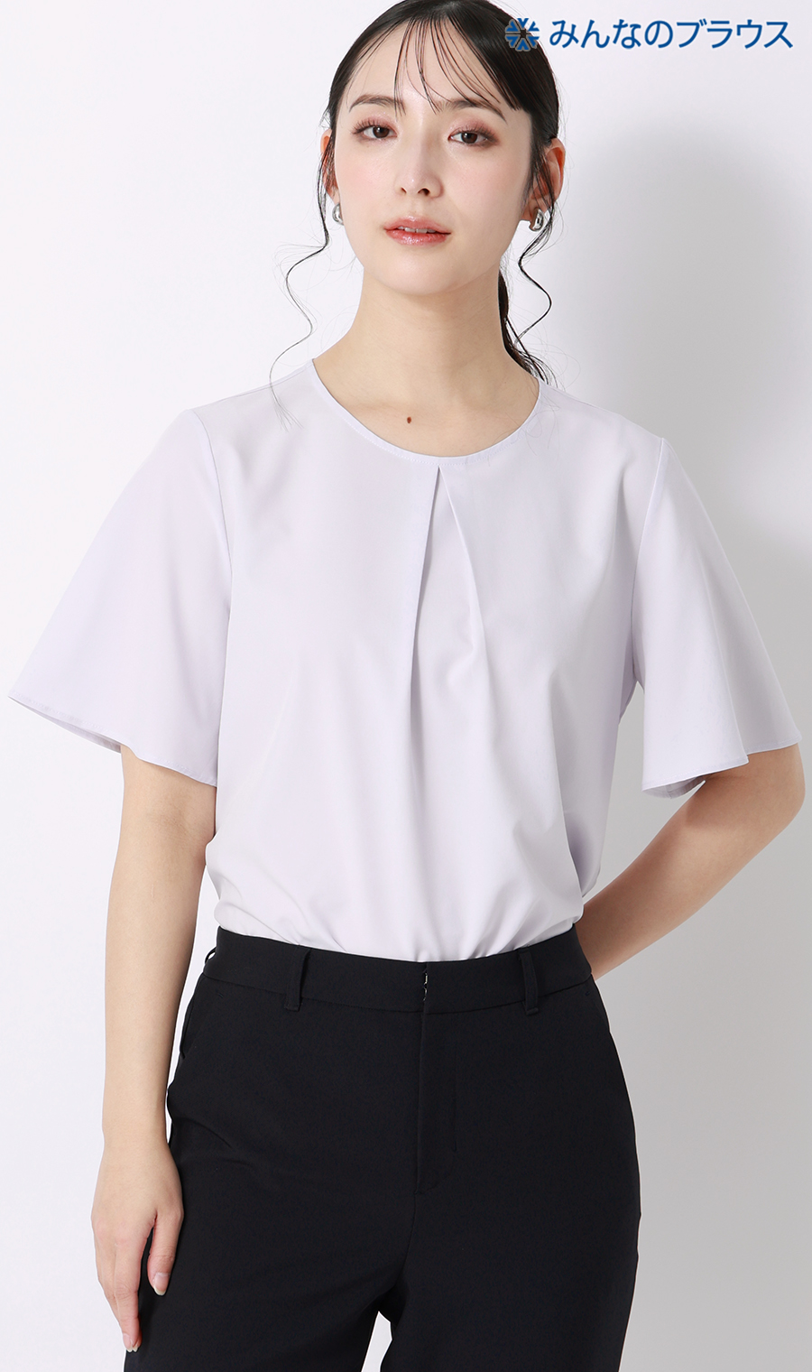 【みんなのブラウス】ゼロプレッシャーブラウス【クルーネック】【半袖】 ラベンダー S