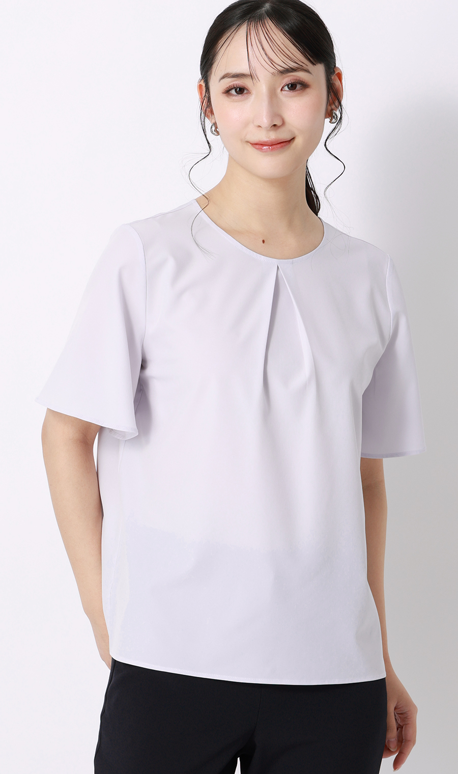 【みんなのブラウス】ゼロプレッシャーブラウス【クルーネック】【半袖】 ラベンダー S