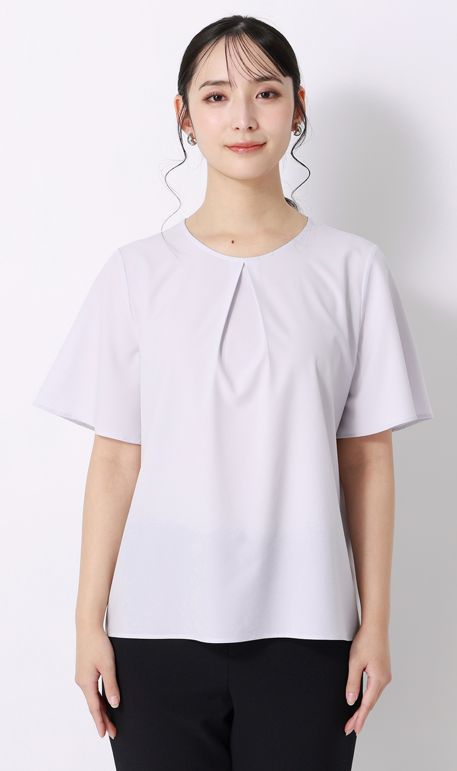 【みんなのブラウス】ゼロプレッシャーブラウス【クルーネック】【半袖】 ラベンダー S