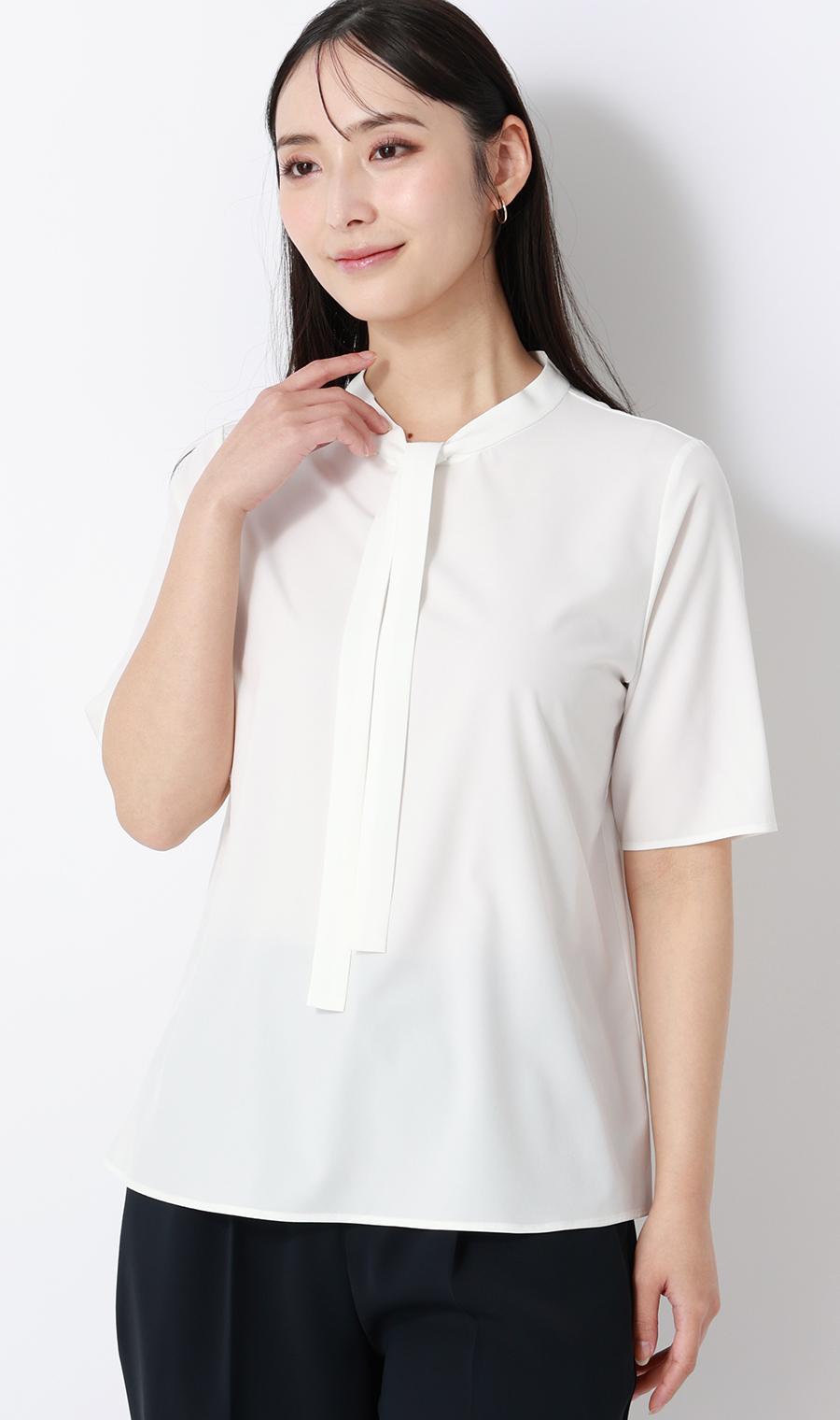 ■【みんなのブラウス】ゼロプレッシャーブラウス【ボウタイ】【半袖】【WEB限定】 ホワイト S