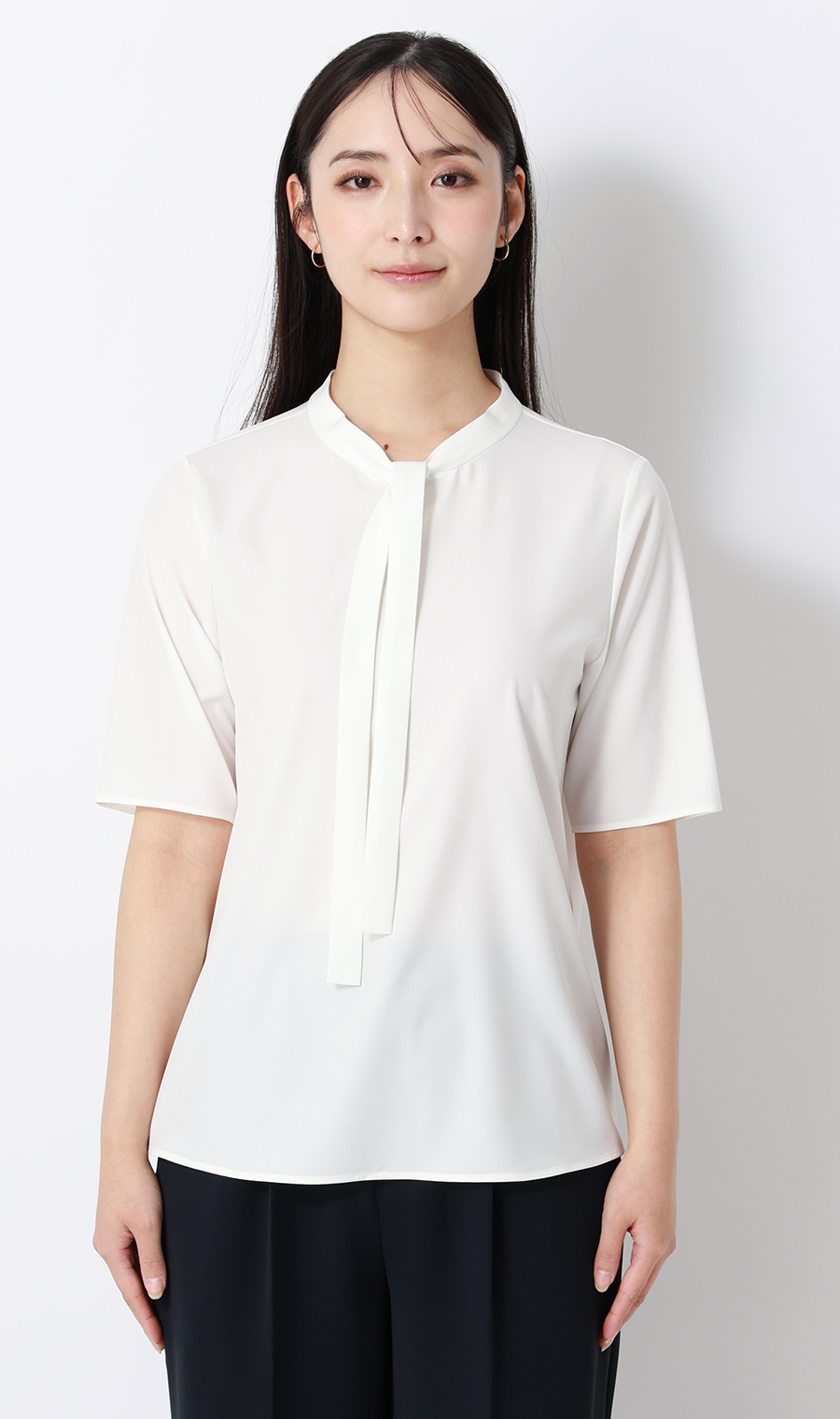 ■【みんなのブラウス】ゼロプレッシャーブラウス【ボウタイ】【半袖】【WEB限定】 ホワイト S