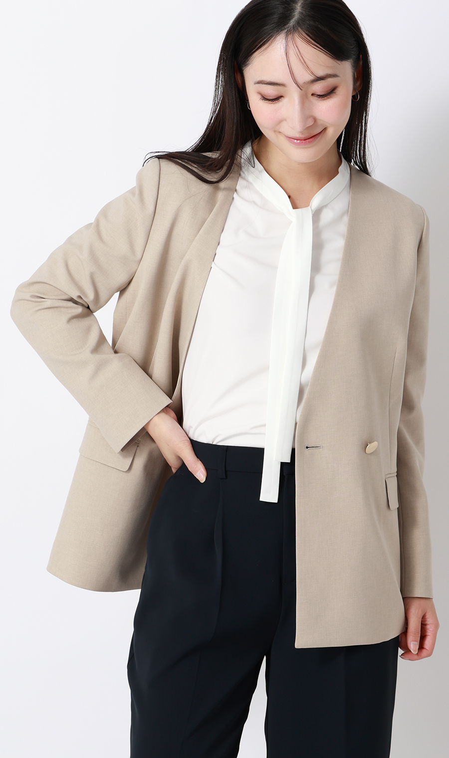 ■【みんなのブラウス】ゼロプレッシャーブラウス【ボウタイ】【半袖】【WEB限定】 ホワイト S