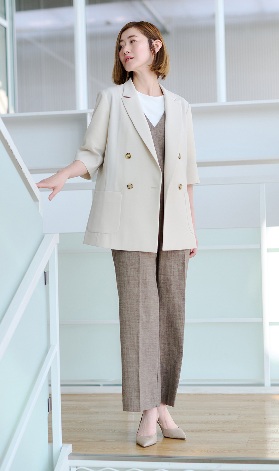 透けないカットソー【5分袖】【タックスリーブ】【＃すご】 ホワイト S