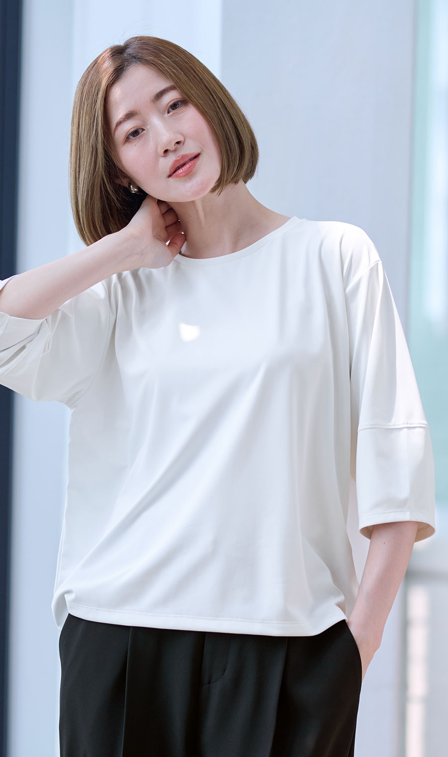 透けないカットソー【5分袖】【ランタンスリーブ】【＃すご】 ホワイト S