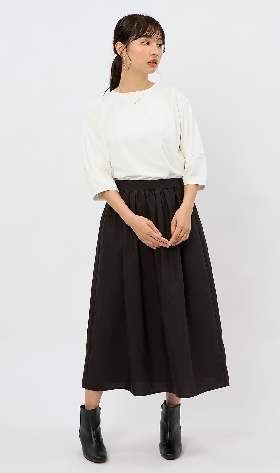 透けないカットソー【5分袖】【ランタンスリーブ】【＃すご】 ホワイト S