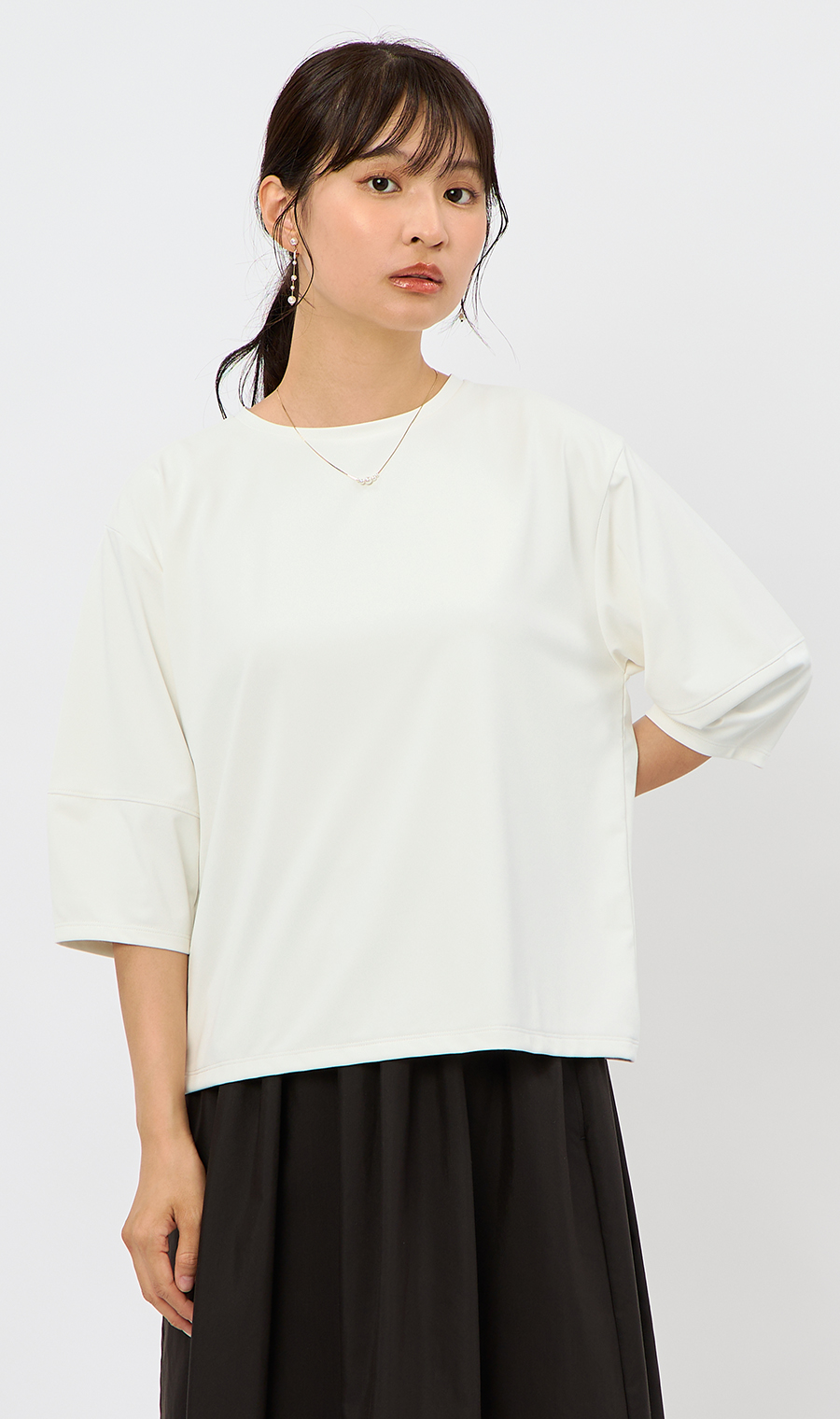 透けないカットソー【5分袖】【ランタンスリーブ】【＃すご】 ホワイト S