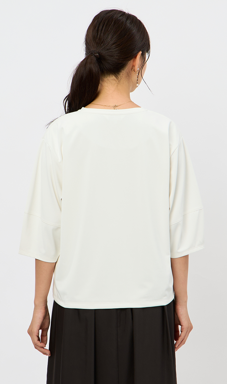 透けないカットソー【5分袖】【ランタンスリーブ】【＃すご】 ホワイト S