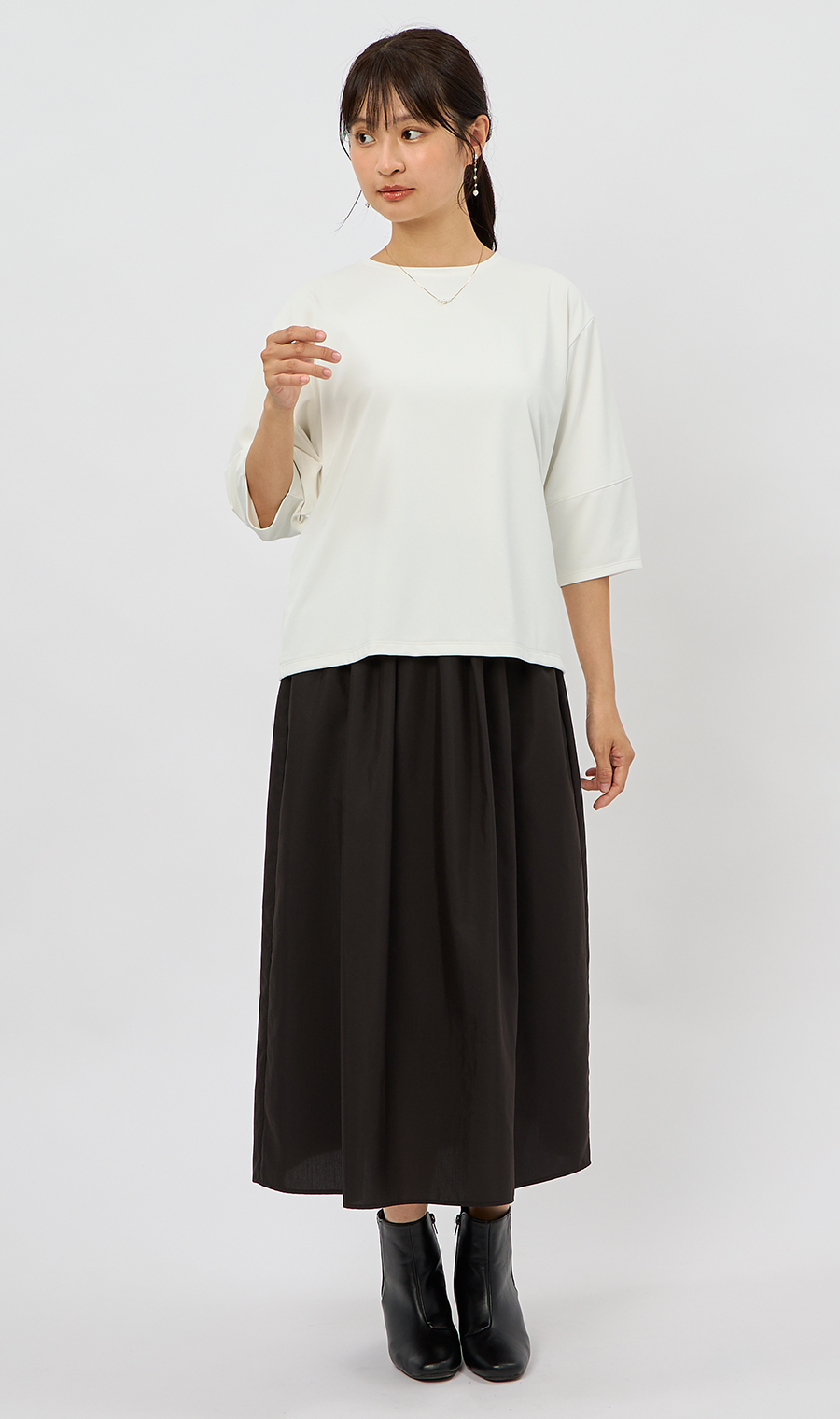 透けないカットソー【5分袖】【ランタンスリーブ】【＃すご】 ホワイト S