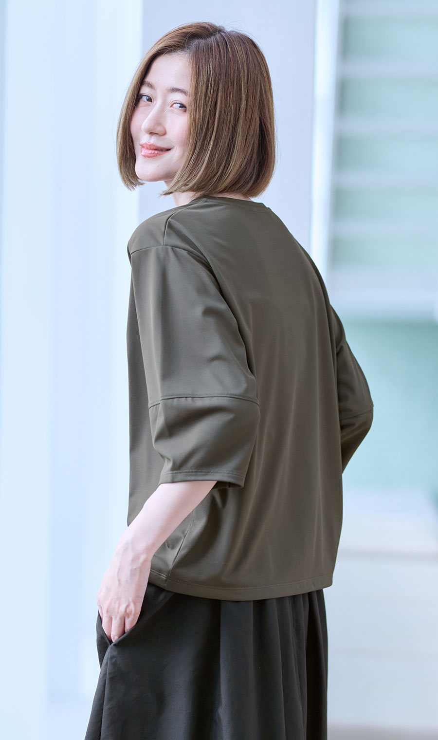 透けないカットソー【5分袖】【ランタンスリーブ】【＃すご】 グレー S