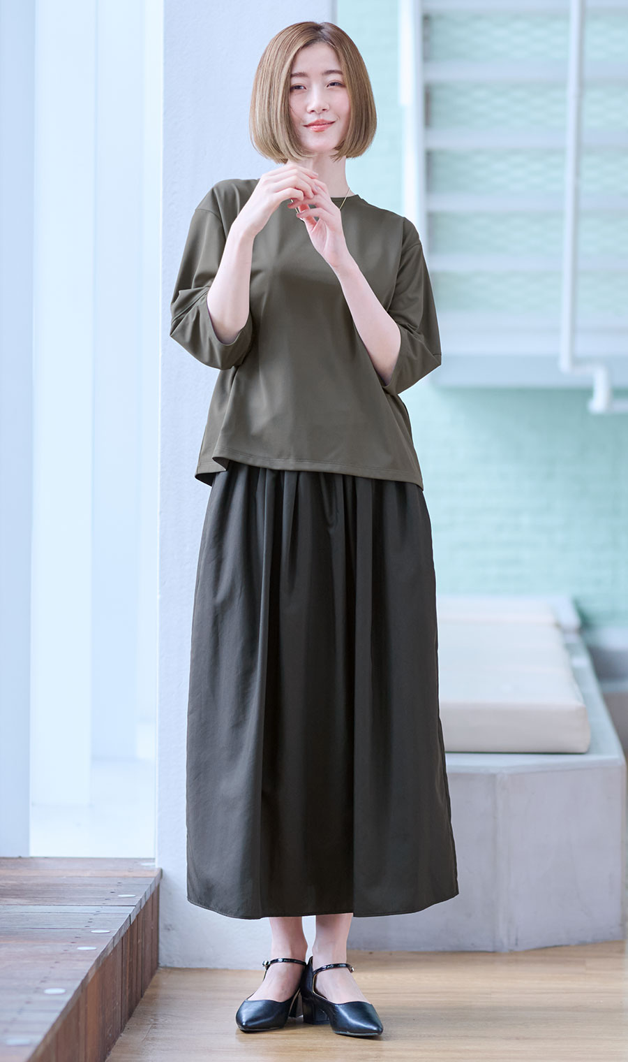 透けないカットソー【5分袖】【ランタンスリーブ】【＃すご】 グレー S