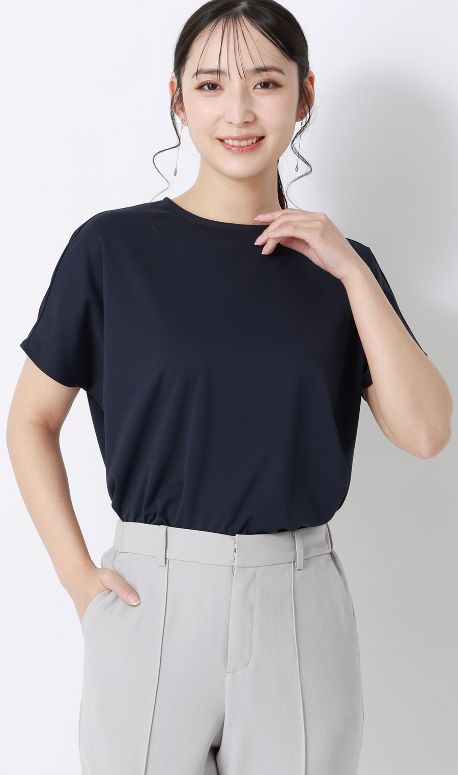 透けないカットソー【フレンチスリーブ】【クルーネック】【＃すご】【WEB限定】 ネイビー S