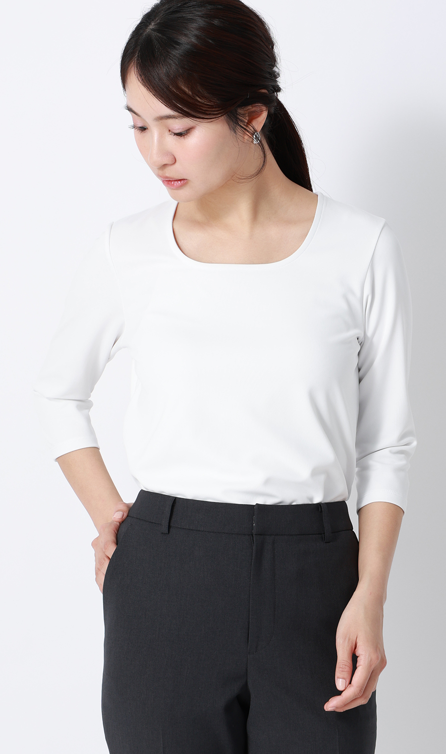 透けないカットソー【7分袖】【スクエアネック】【＃すご】 ホワイト 4L