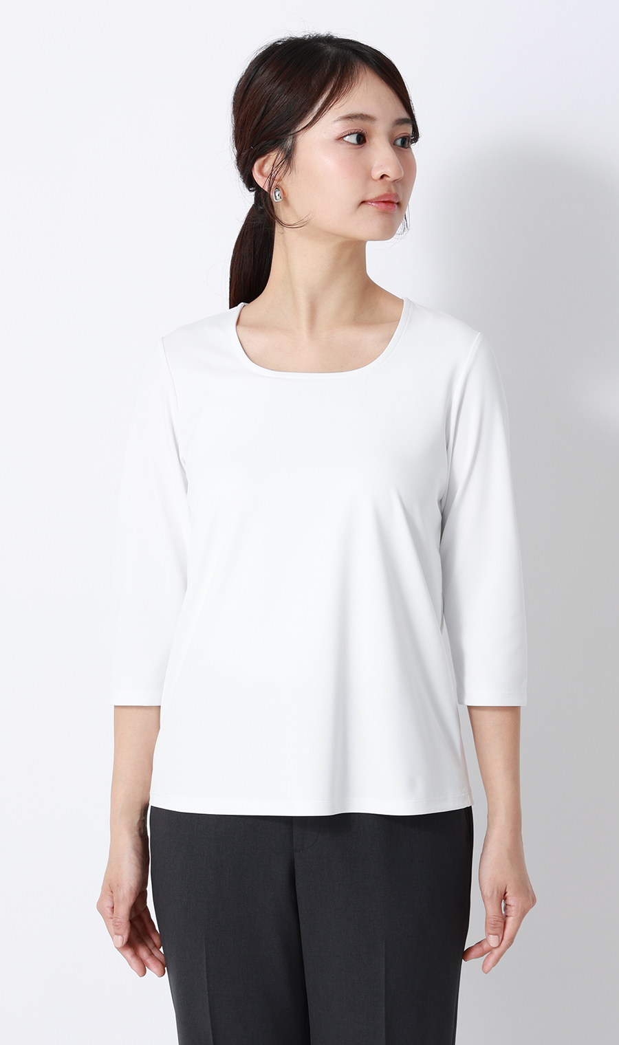 透けないカットソー【7分袖】【スクエアネック】【＃すご】 ホワイト 4L