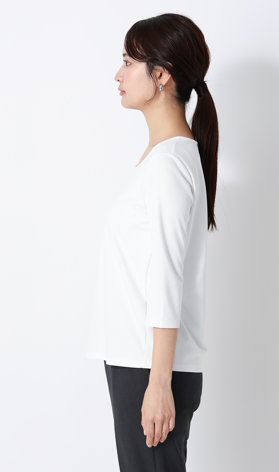 透けないカットソー【7分袖】【スクエアネック】【＃すご】 ホワイト 4L