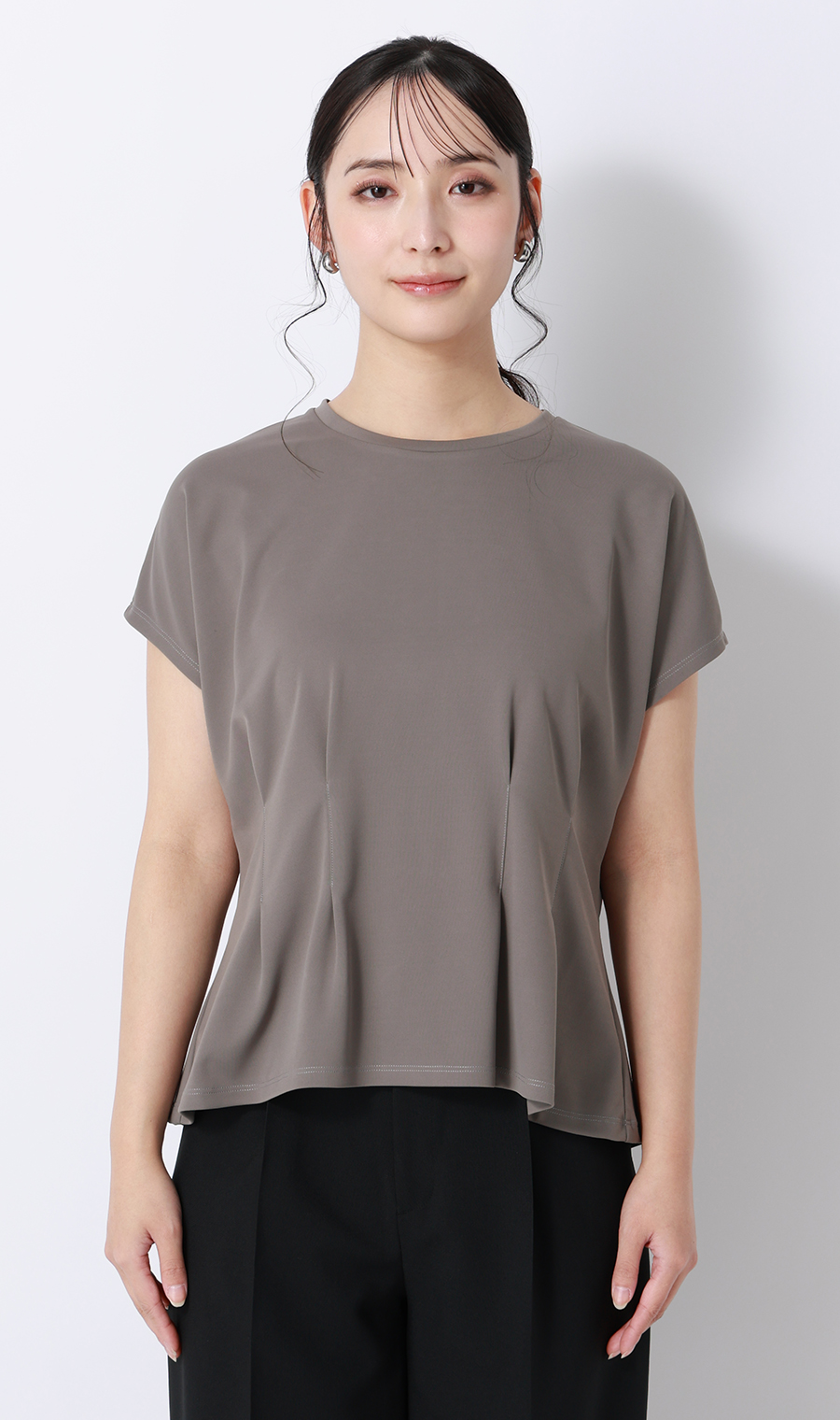 透けないカットソー【半袖】【ペプラム】【＃すご】 チャコール S