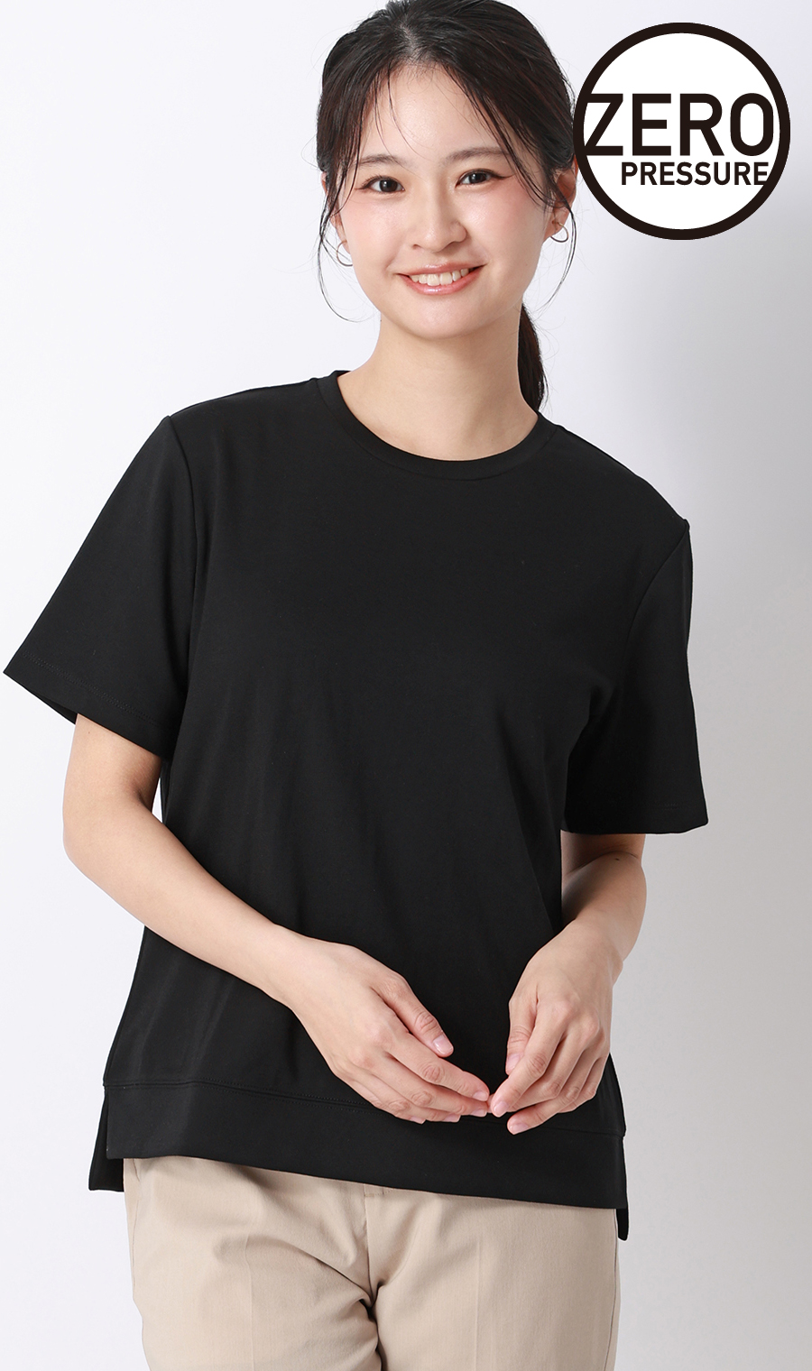 ゼロプレッシャーカットソー【クルーネック】【涼】【半袖】 ブラック S