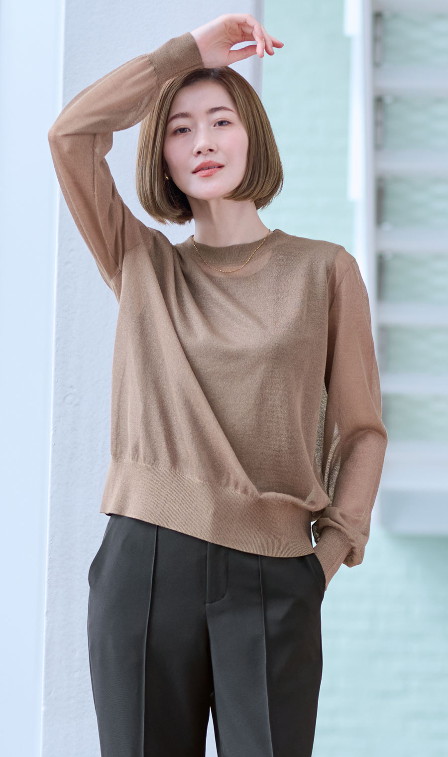 シアーフィルムラメニット【長袖】 ブラウン S