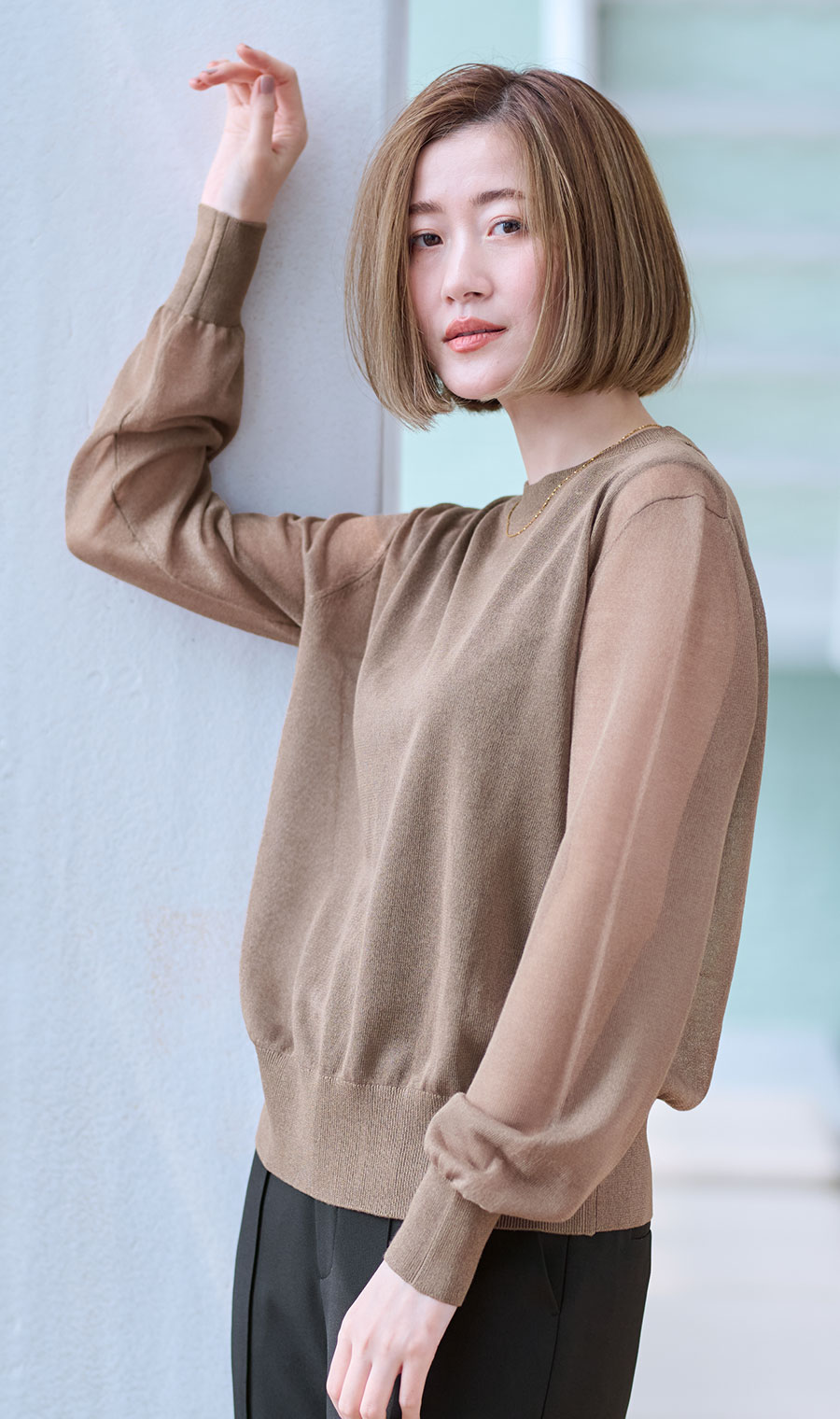 シアーフィルムラメニット【長袖】 ブラウン S