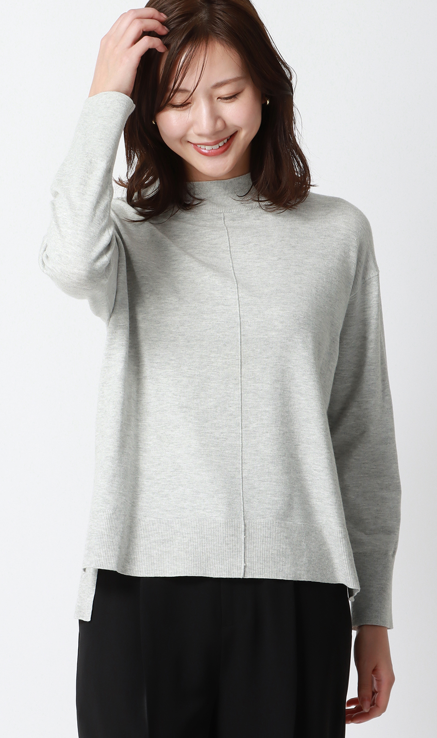 ハイネック天竺ニットプルオーバー【長袖】 ライトグレー S