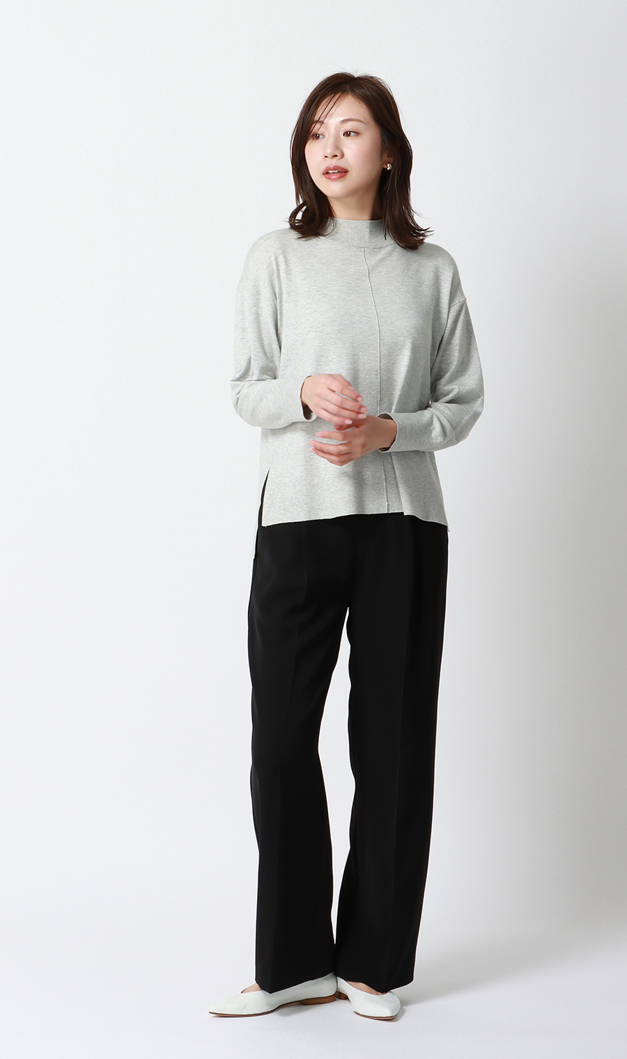 ハイネック天竺ニットプルオーバー【長袖】 ライトグレー S