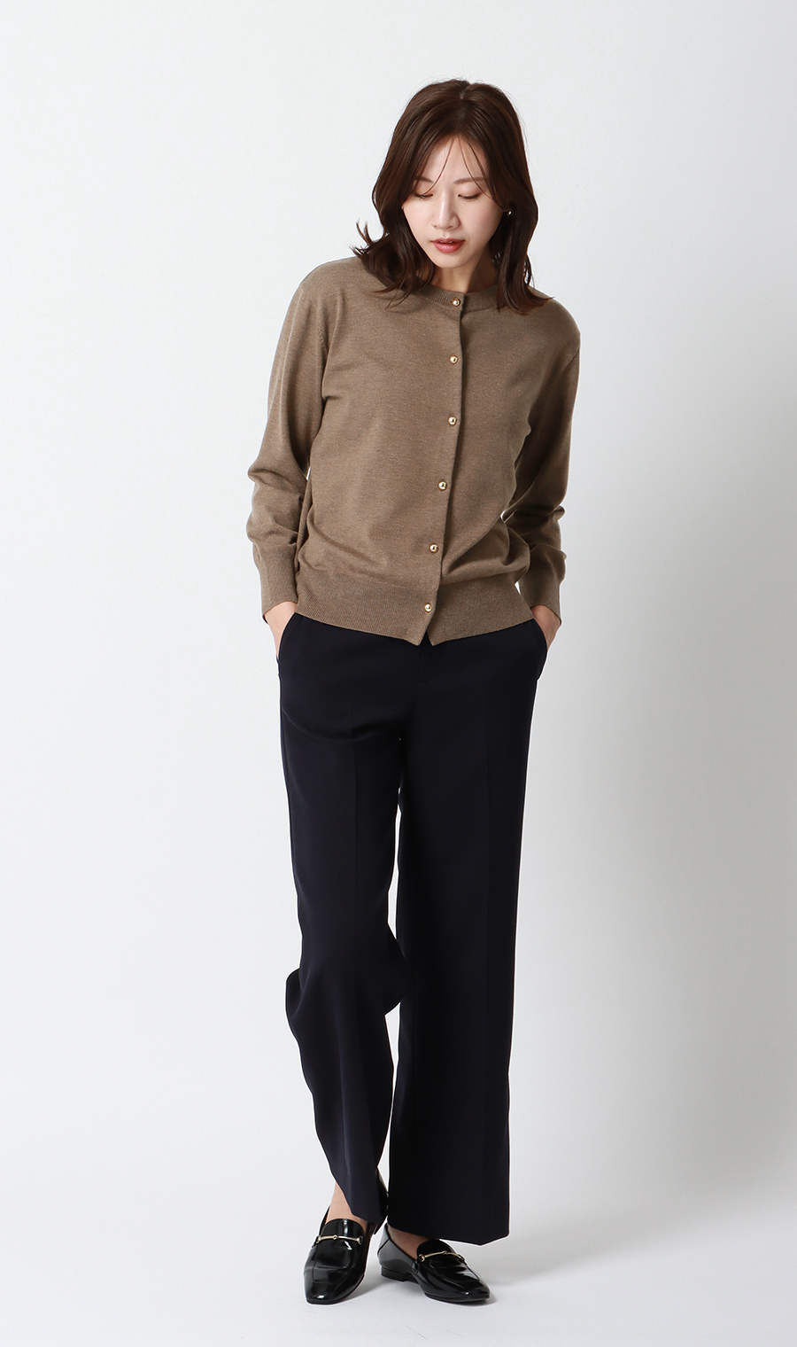 メタルボタン天竺カーディガン【前後2WAY】【長袖】 ブラウン S
