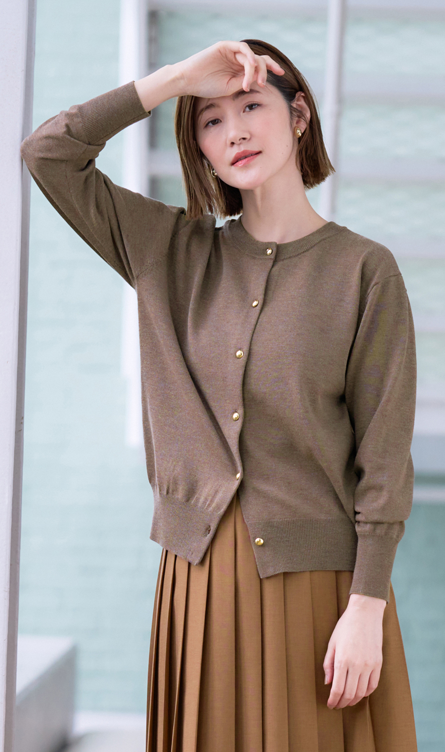 メタルボタン天竺カーディガン【前後2WAY】【長袖】 ブラウン S
