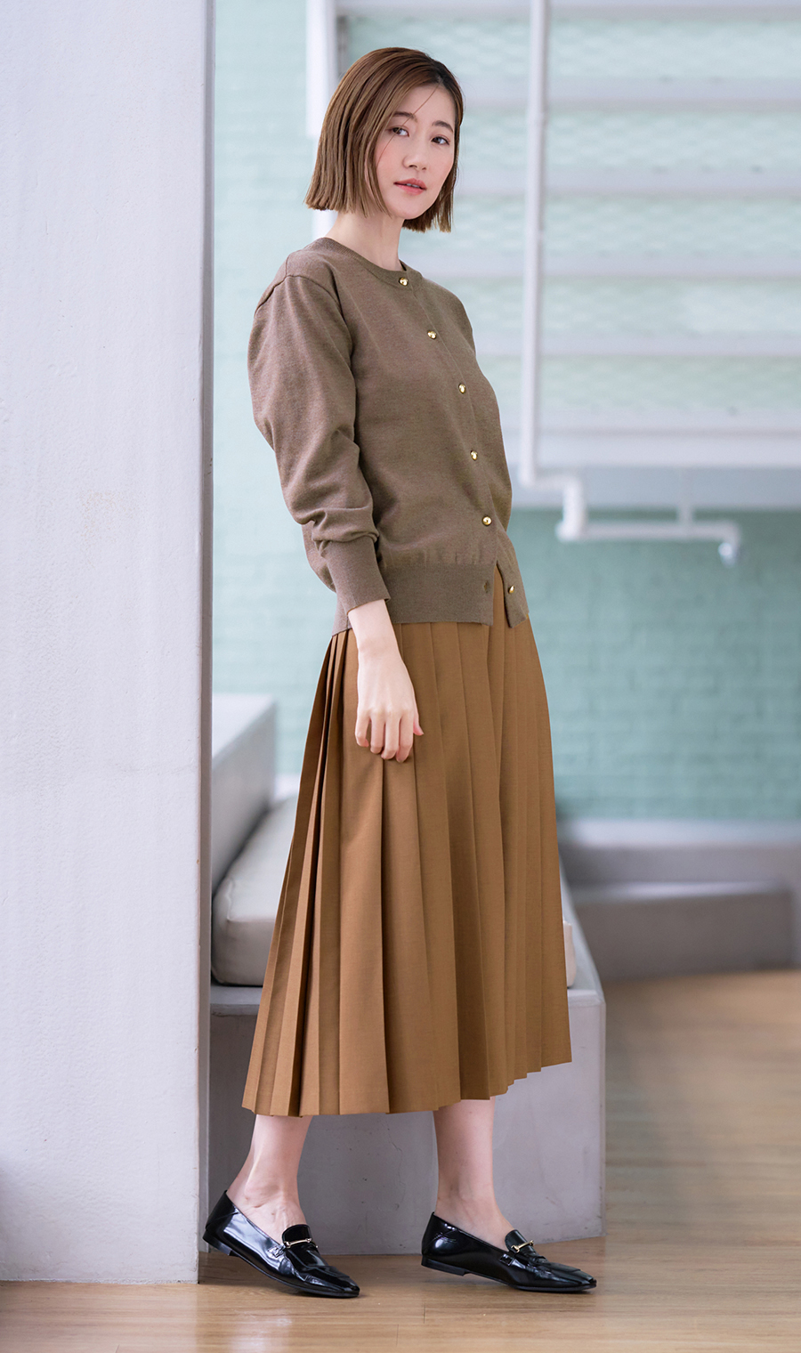 メタルボタン天竺カーディガン【前後2WAY】【長袖】 ブラウン S