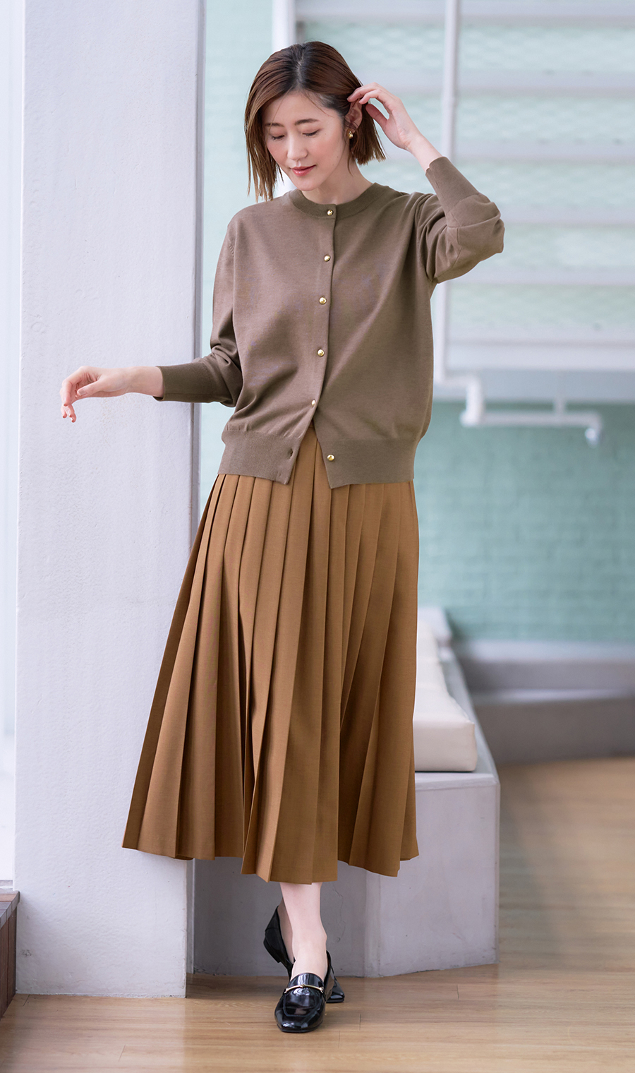 メタルボタン天竺カーディガン【前後2WAY】【長袖】 ブラウン S