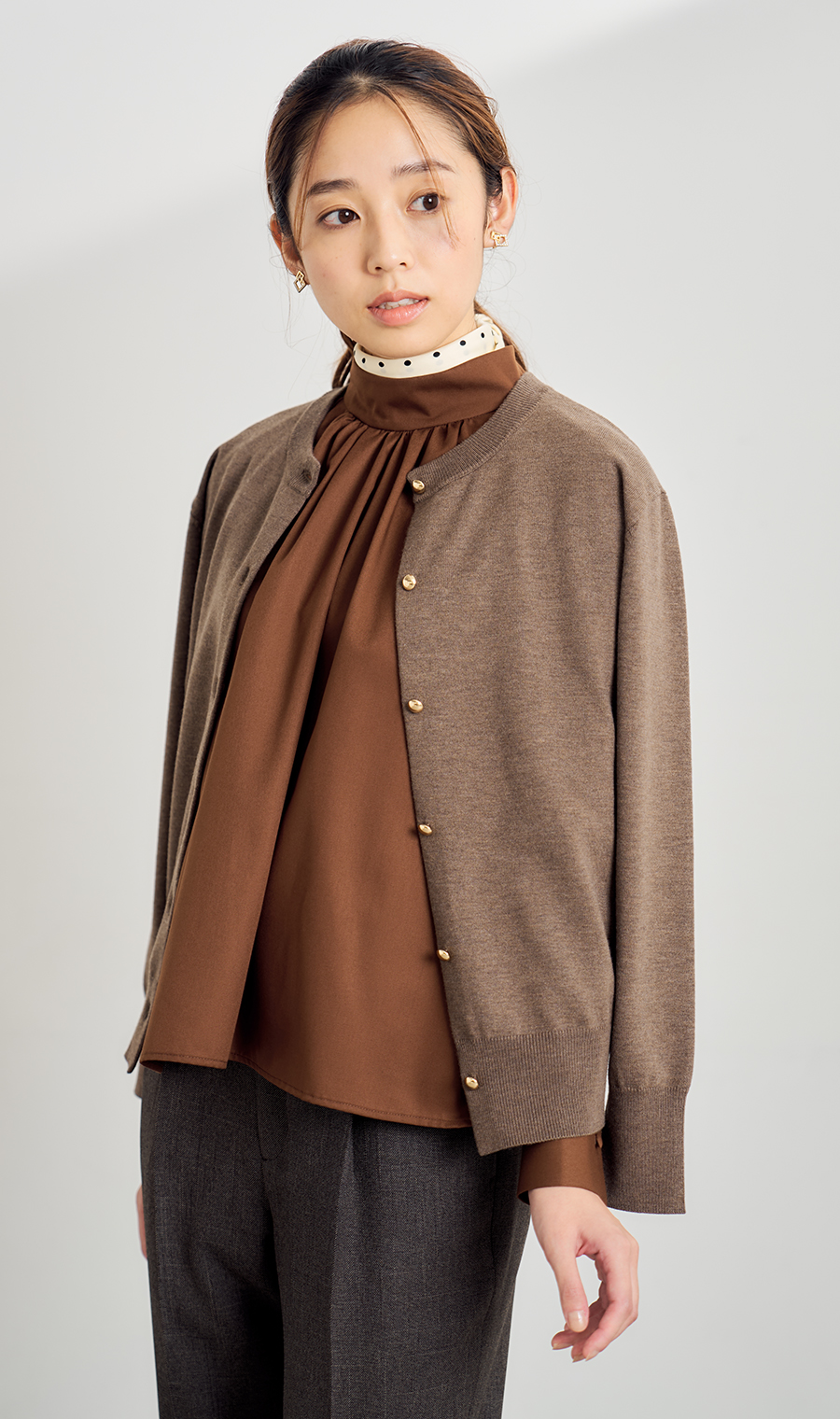 メタルボタン天竺カーディガン【前後2WAY】【長袖】 ブラウン S