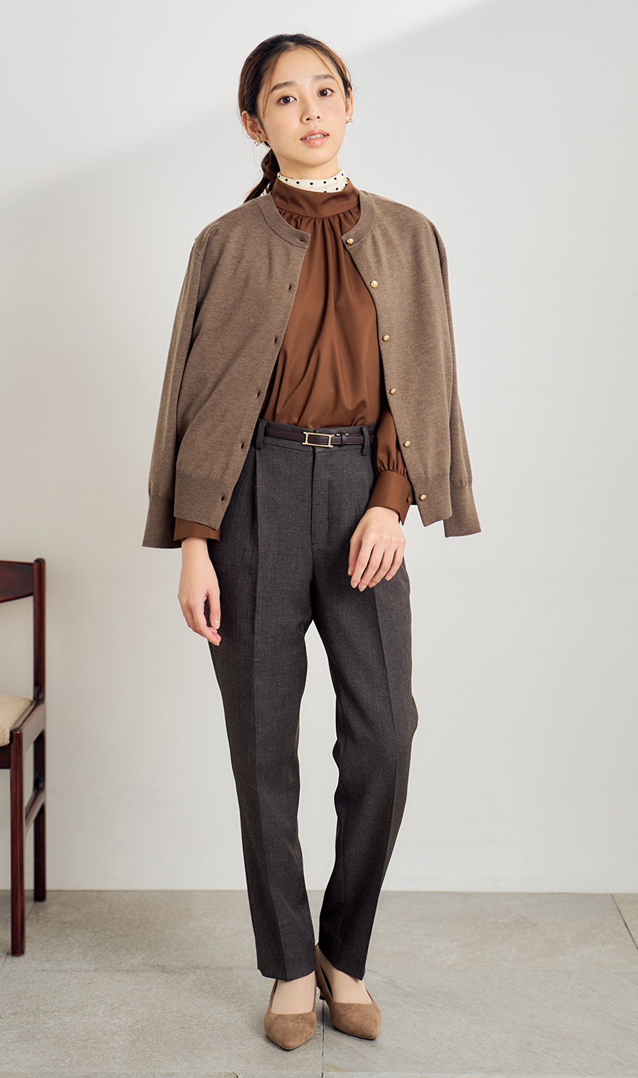 メタルボタン天竺カーディガン【前後2WAY】【長袖】 ブラウン S