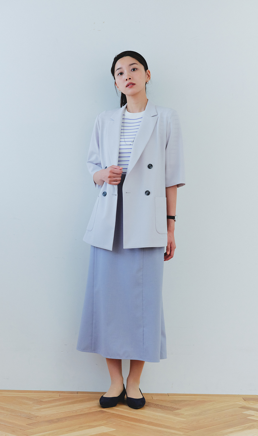 ボーダーリブニット【5分袖】【前後2WAY】 パープル S