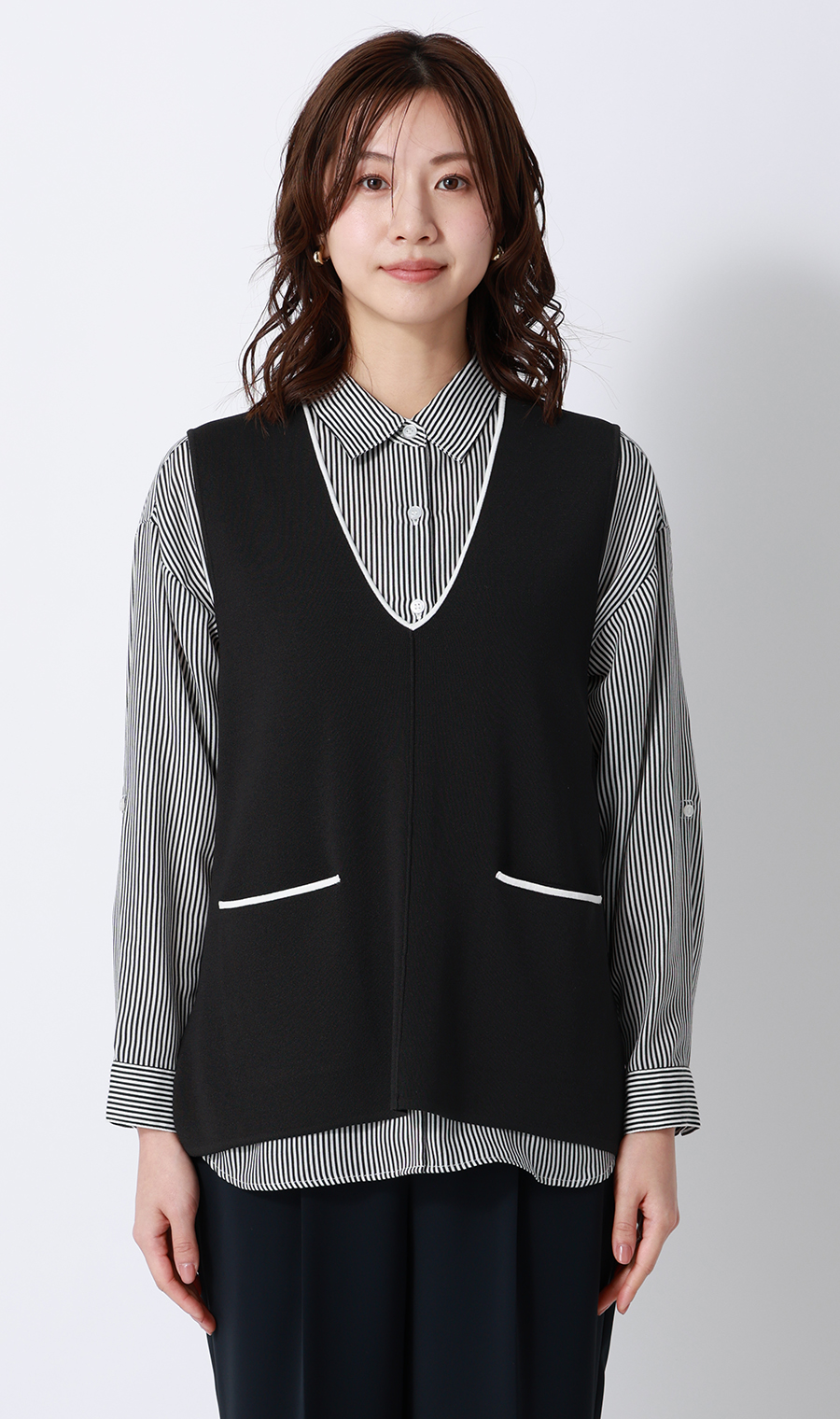 Vネックニットジレ【ノースリーブ】 ブラック M