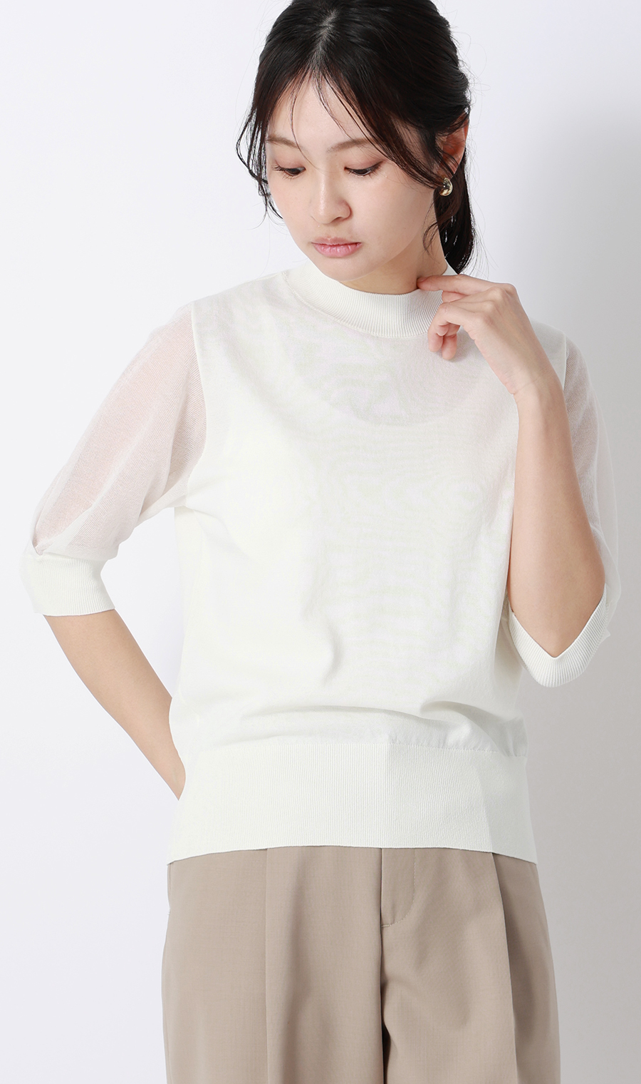 ハイネックシアースリーブニット【5分袖】 ホワイト S