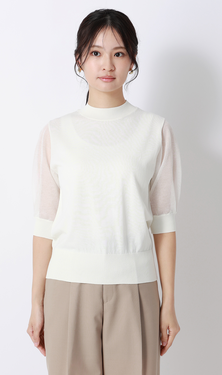 ハイネックシアースリーブニット【5分袖】 ホワイト S