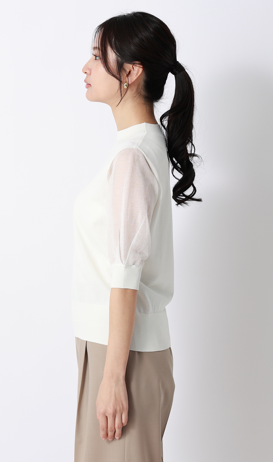 ハイネックシアースリーブニット【5分袖】 ホワイト S