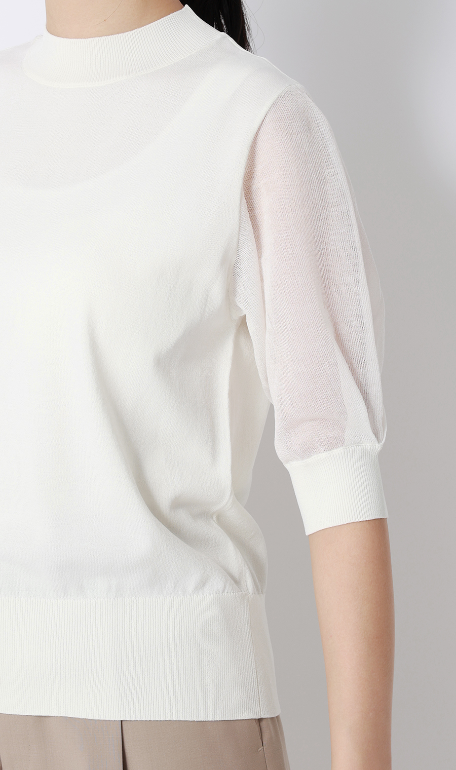 ハイネックシアースリーブニット【5分袖】 ホワイト S