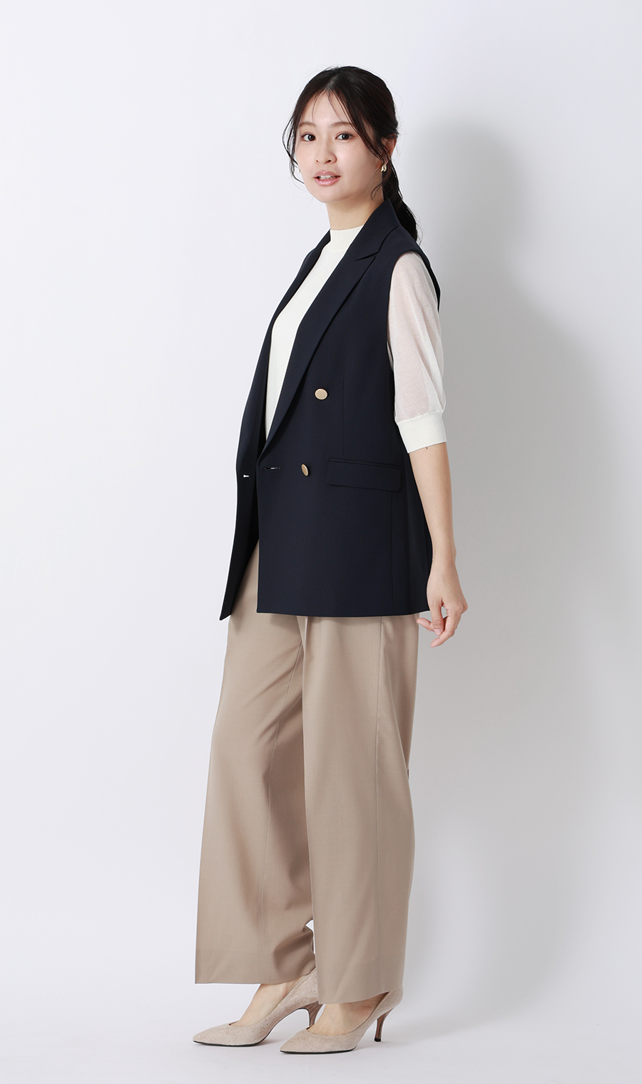 ハイネックシアースリーブニット【5分袖】 ホワイト S