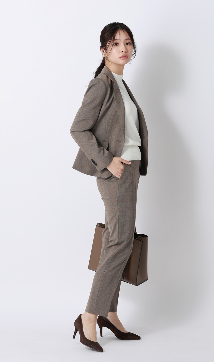 ハイネックシアースリーブニット【5分袖】 ホワイト S