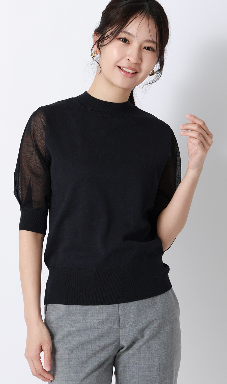 ハイネックシアースリーブニット【5分袖】【アンサンブル着用可】 ネイビー S