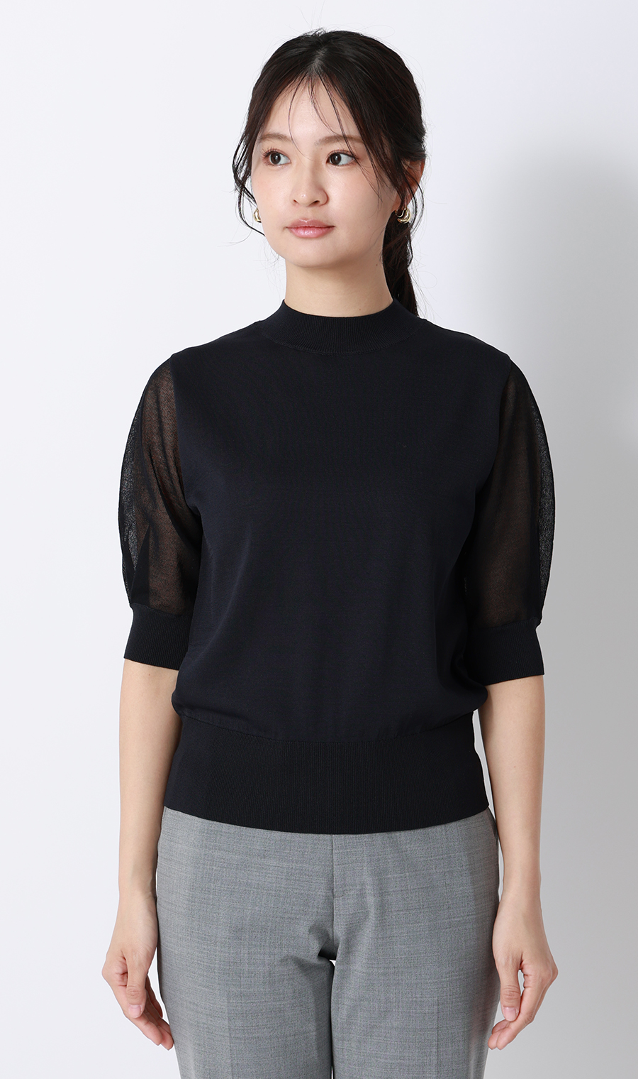 ハイネックシアースリーブニット【5分袖】【アンサンブル着用可】 ネイビー S