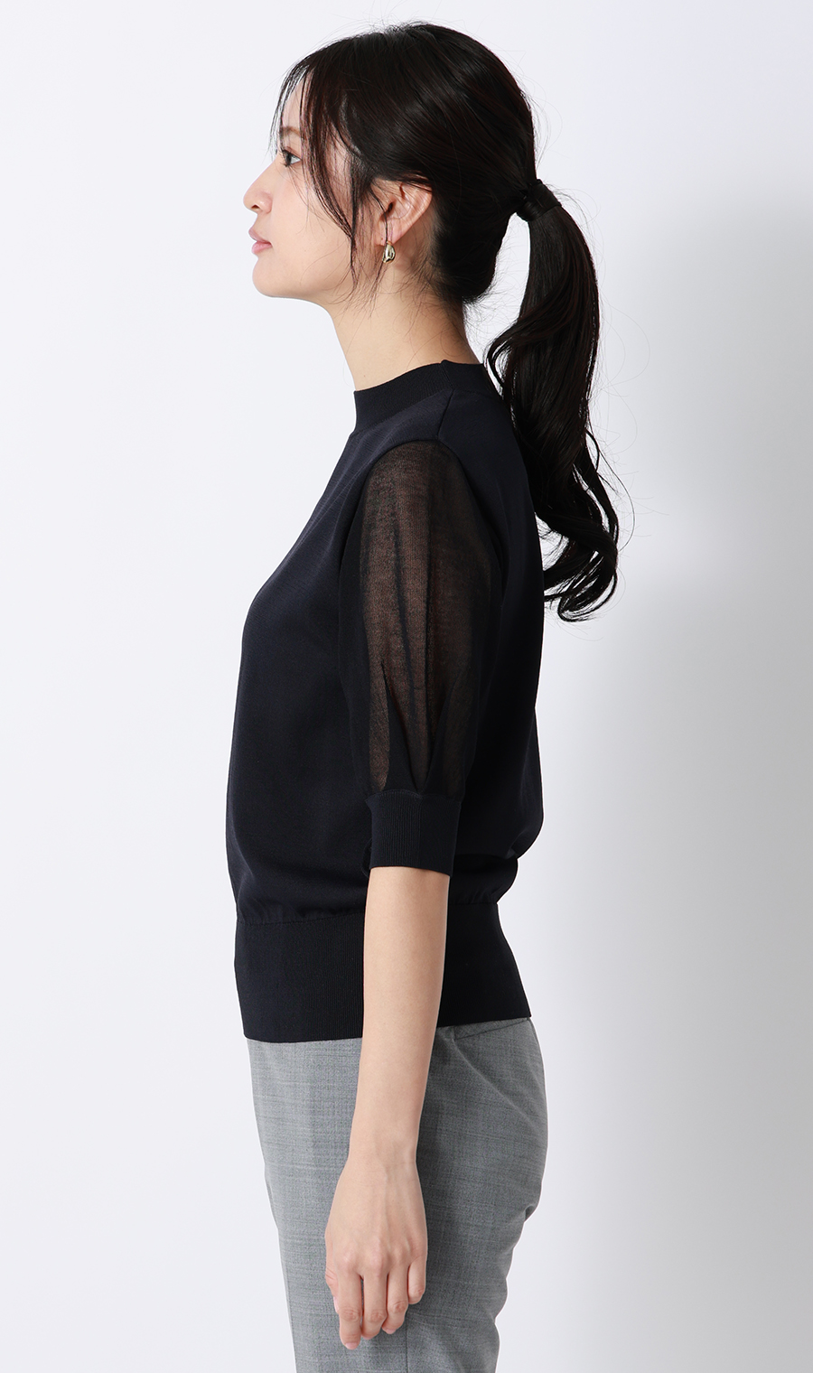 ハイネックシアースリーブニット【5分袖】【アンサンブル着用可】 ネイビー S