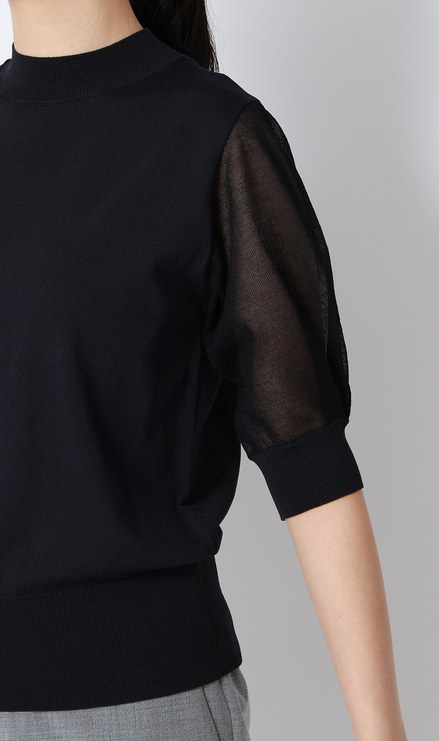 ハイネックシアースリーブニット【5分袖】【アンサンブル着用可】 ネイビー S